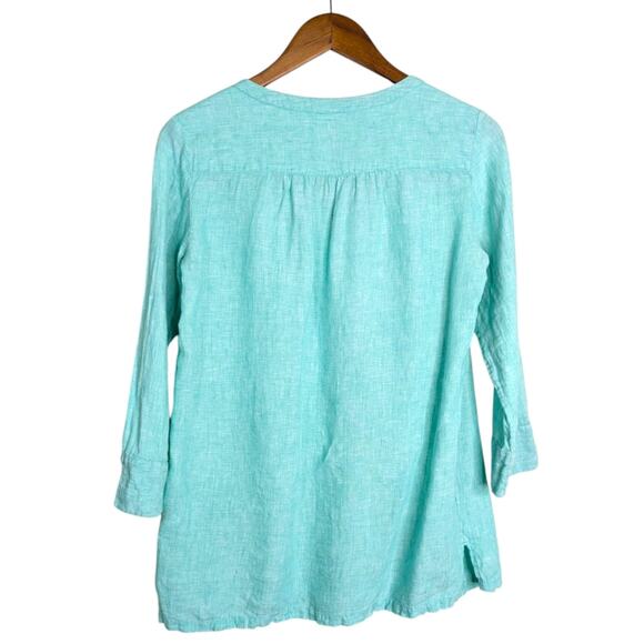 Lands' End Linen Tunic Top 4 Embroidered Crochet Green Split Neck 3/4 Sleeve - Picture 6 of 8